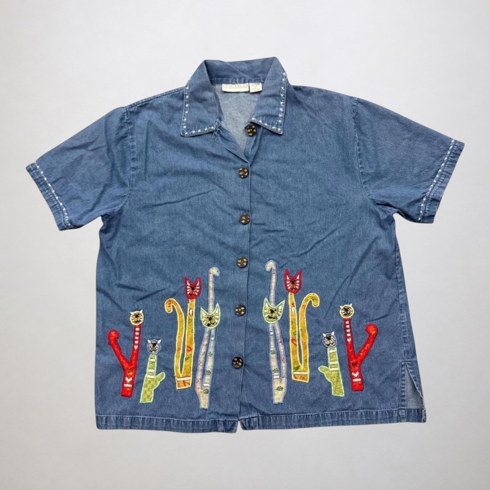 Vintage Moka Denim Button Up Embroidered Cat Grandma Whimsical Shirt 1X